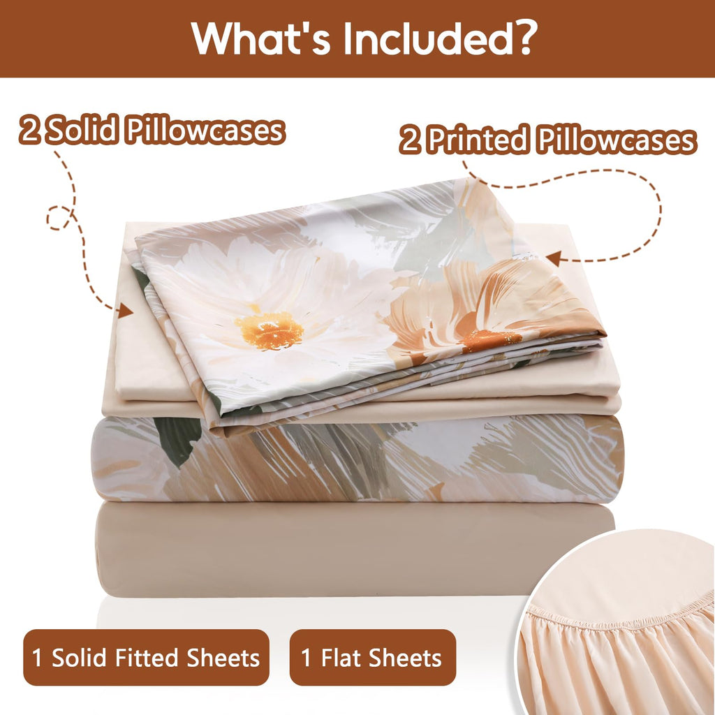 Flower Queen Size 6 Pcs Sheet Set, Breathable Microfiber Deep Pocket Biege Fitted Sheets, Comfy & Breathable