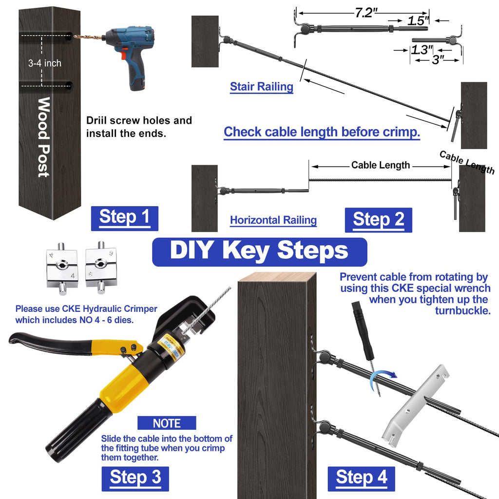 10 Pairs 1/8" Black Cable Railing Hardware Kit Swage Toggle Turnbuckle for Wood Post, T316 Stainless Steel Black Deck