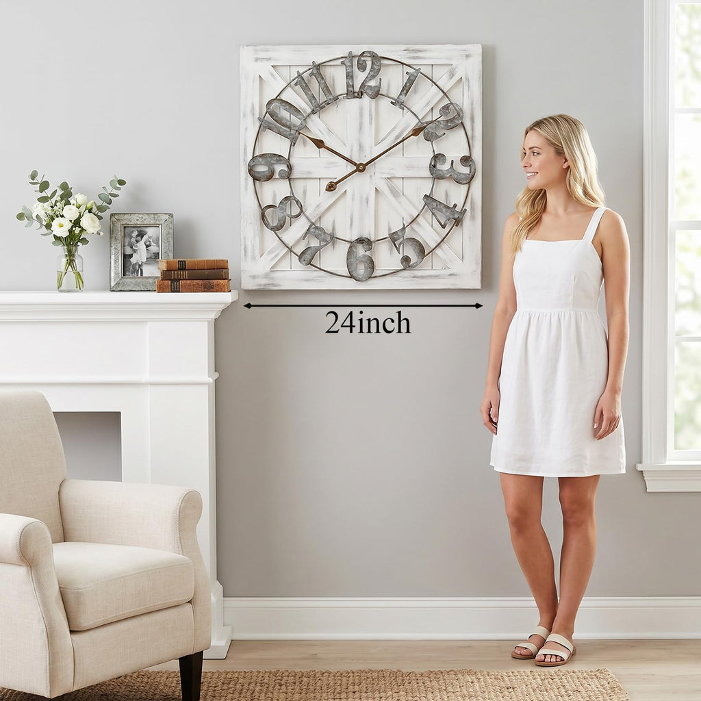 24 Inch Large Farmhouse Wall Clock, Rustic White Distressed Wood Frame with X-Brace Barn Door Backing, Silent