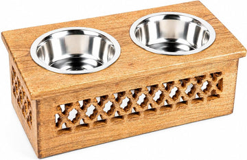 Wooden Elevated Pet Feeder Station with 2 Stainless Steel Bowls | Raised Dog & Cat Feeding Stand | Food & Water Bowl