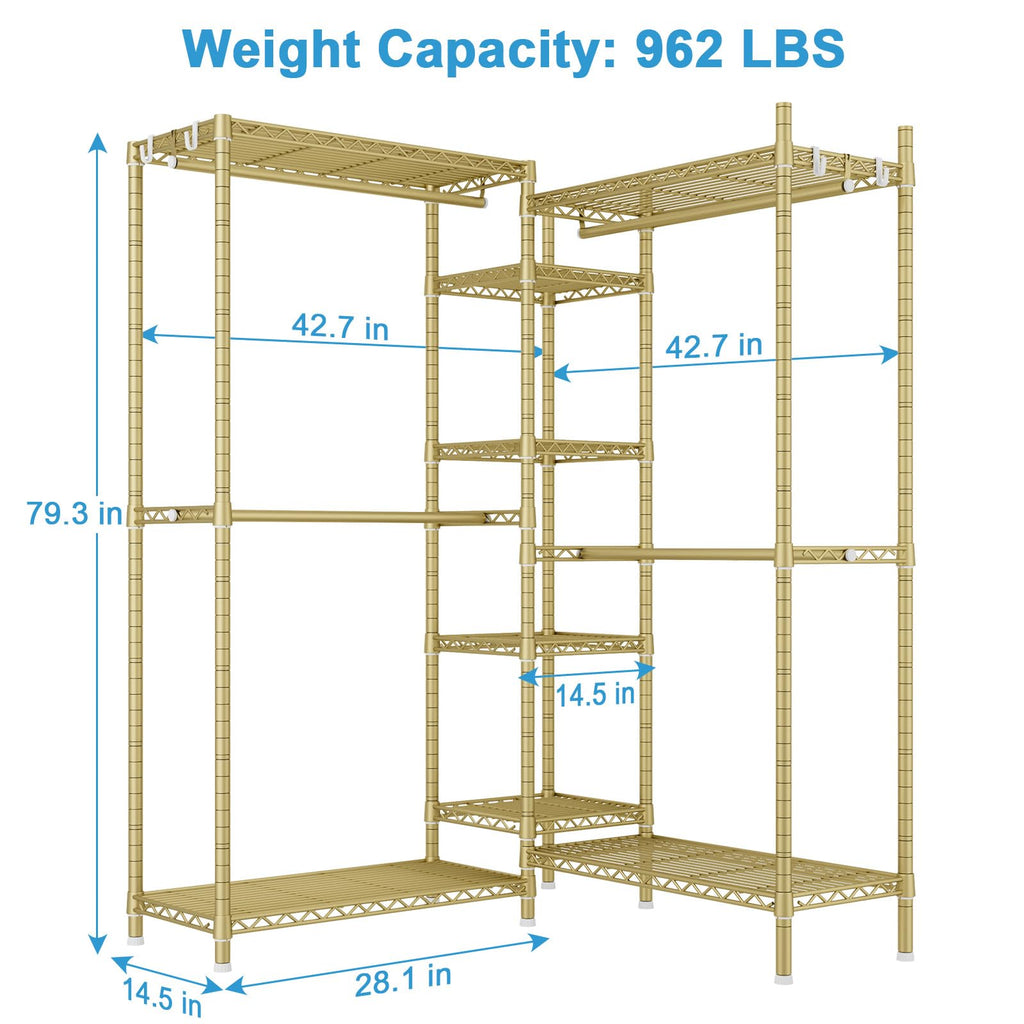 E4L Corner Clothes Rack, L Shaped Garment Rack, Heavy-Duty Freestanding Closet System with Shelves and Hangers, Max