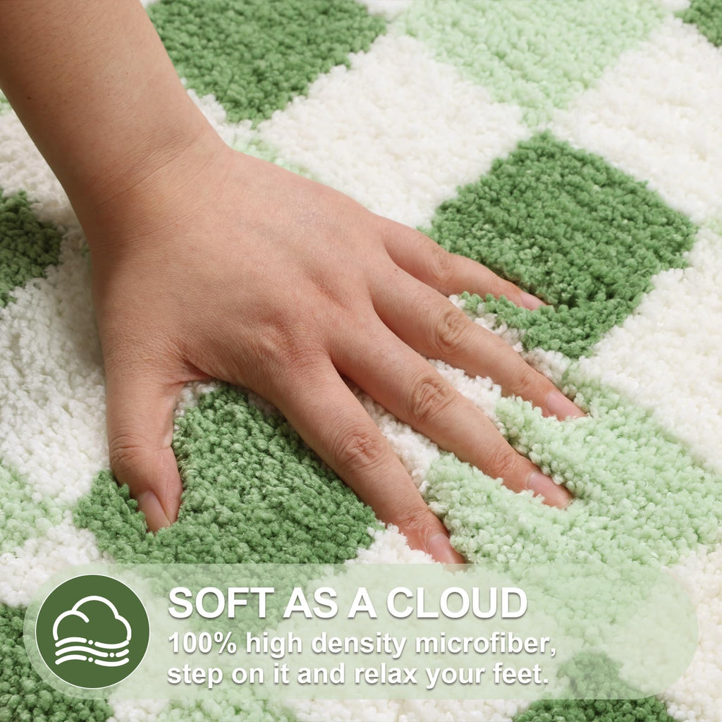 Cute Green Checkered Scalloped Bath Mat, Fun Plush Microfiber Bathroom Rugs Non Slip Washable Quick Dry Absorbent