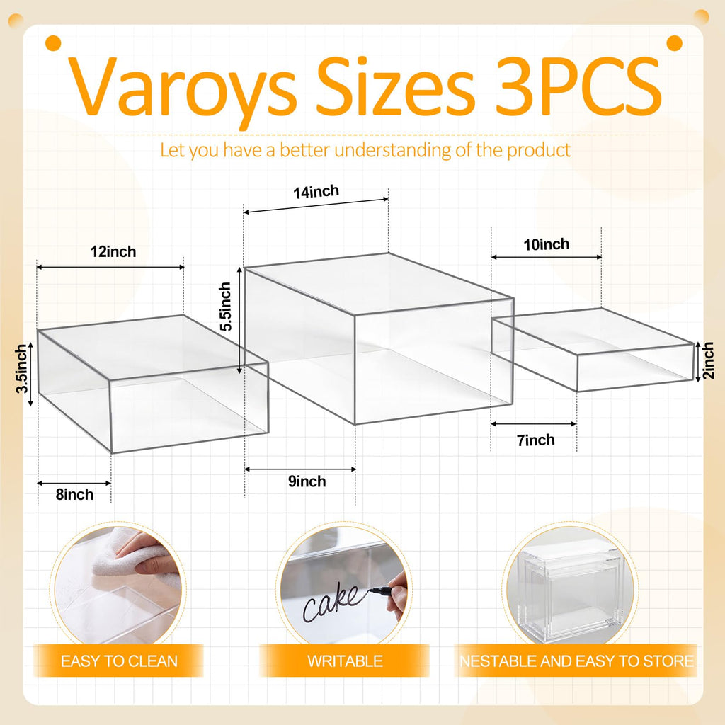 3 Pack Extra Large Acrylic Risers - 14", 12", 10" Clear Display Stands with Hollow Bottoms, Cube Buffet Riser Boxes