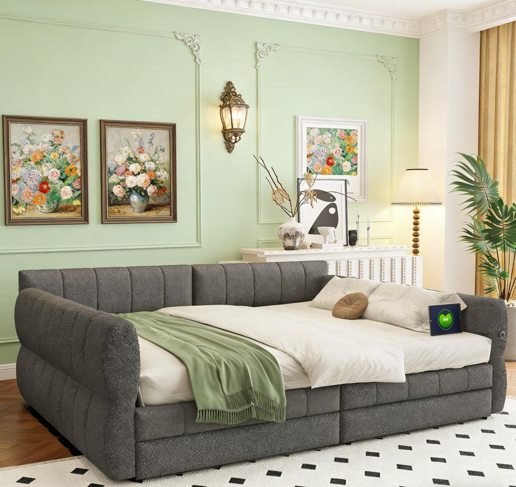 Queen daybed with USB, Queen Corner beds, Upholstered daybed with 2 Drawers for Kids,Teens,Adults, Lambswool, Gray