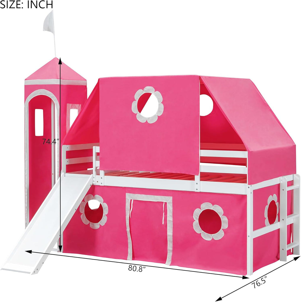 Castle Loft Bed with Slide & Tent and Tower, Playhouse Design Spacious Under Bed Space with Curtains, Wood Tent Bed