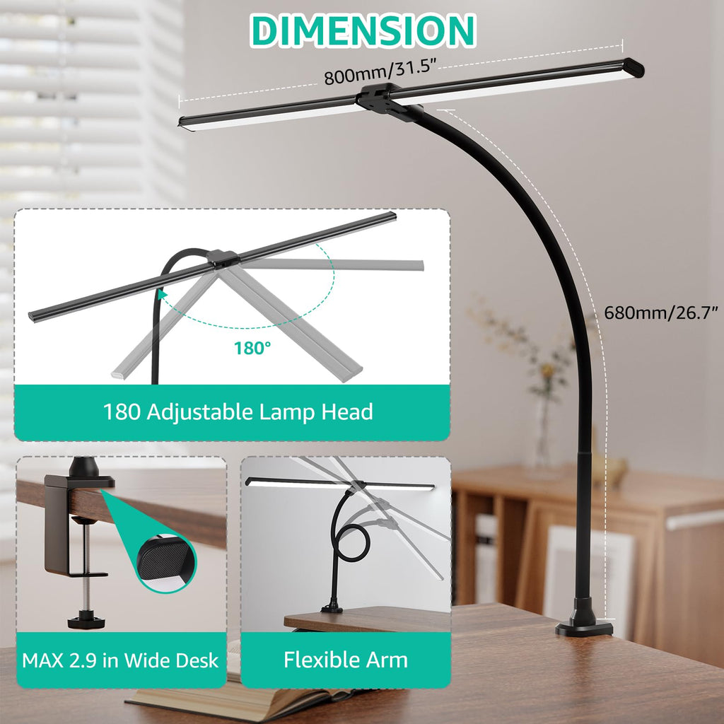 LED Desk Lamp, 4000K Neutral White Double Head Architect Task Lamps with Clamp, Dimmable Adjustable Flexible,Black