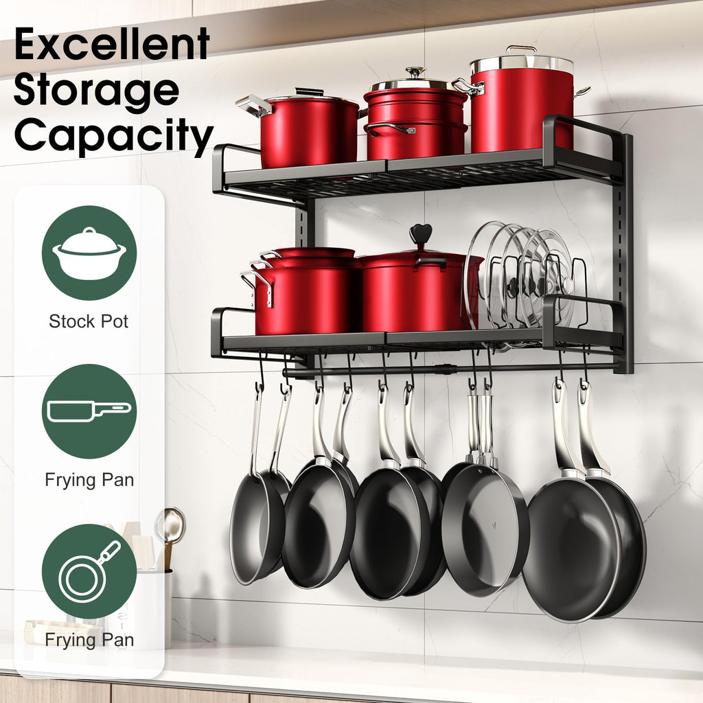19"- 30" Expandable Hanging Pot Rack, 2 Tier Heavy Duty Wall Mounted Pots and Pans Organizer with 10 Hooks and 5 Pot