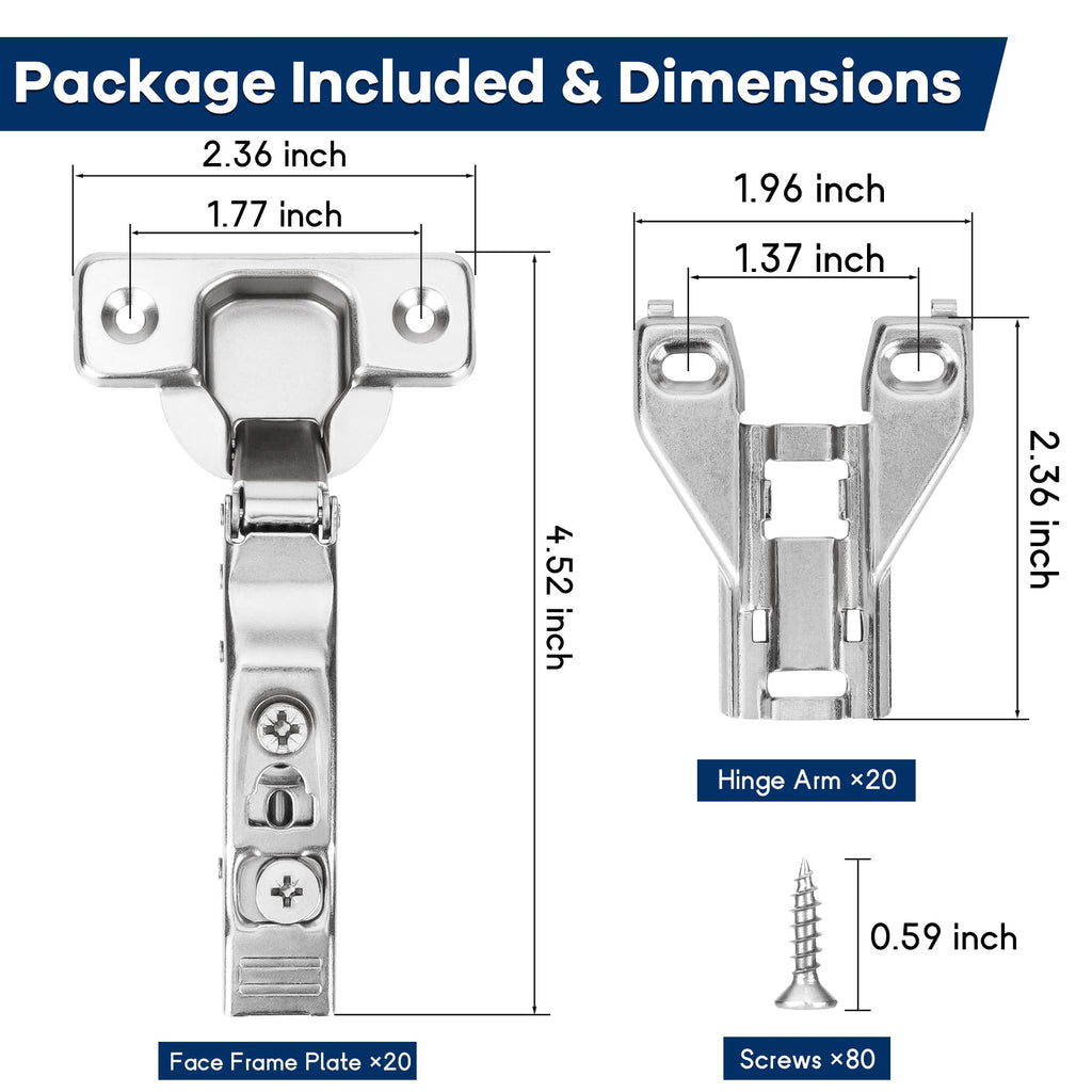 20 Pack 1/2'' Overlay Face Frame Soft Close Hidden Cabinet Hinges, 105 Degree 3D Adjustable Clip On Plate Concealed