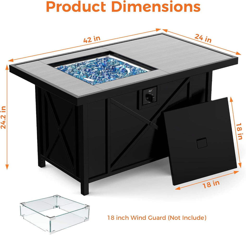 42 inch 50,000 BTU Rectangular Propane Gas Fire Pit Table with Fire Glass and Table Lid, Fire Pits Outdoor