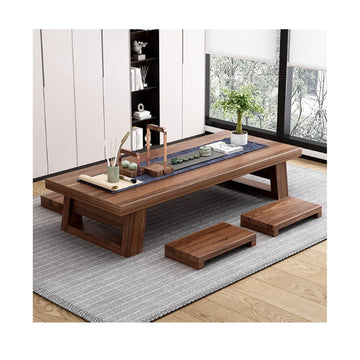 Japanese Floor Table, Low Japanese Dining Table for Floor Sitting with 4 Stools, Solid Wood Chabudai Tatami Coffee