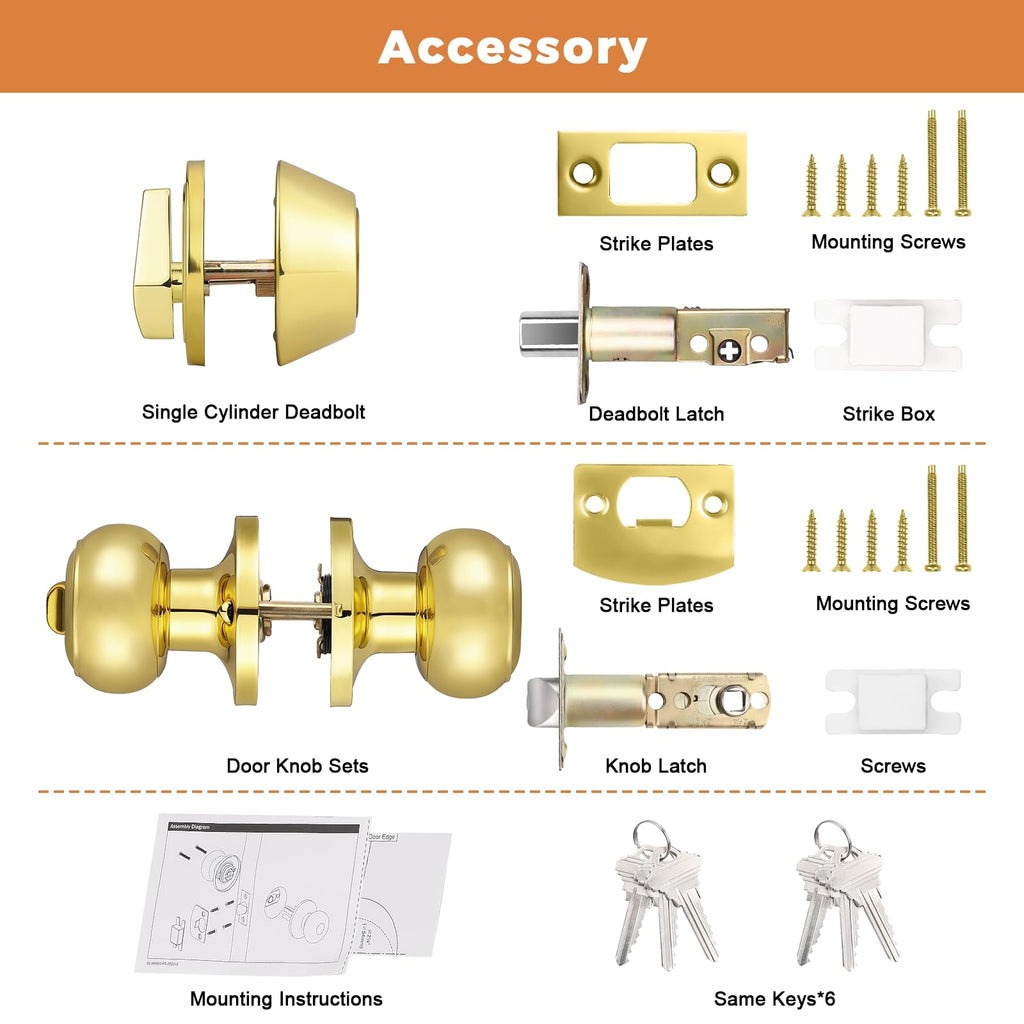 Polished Brass Entry Door Knob Lock Set and Single Cylinder Deadbolt Combination Set, Keyed Alike, 3 Pack