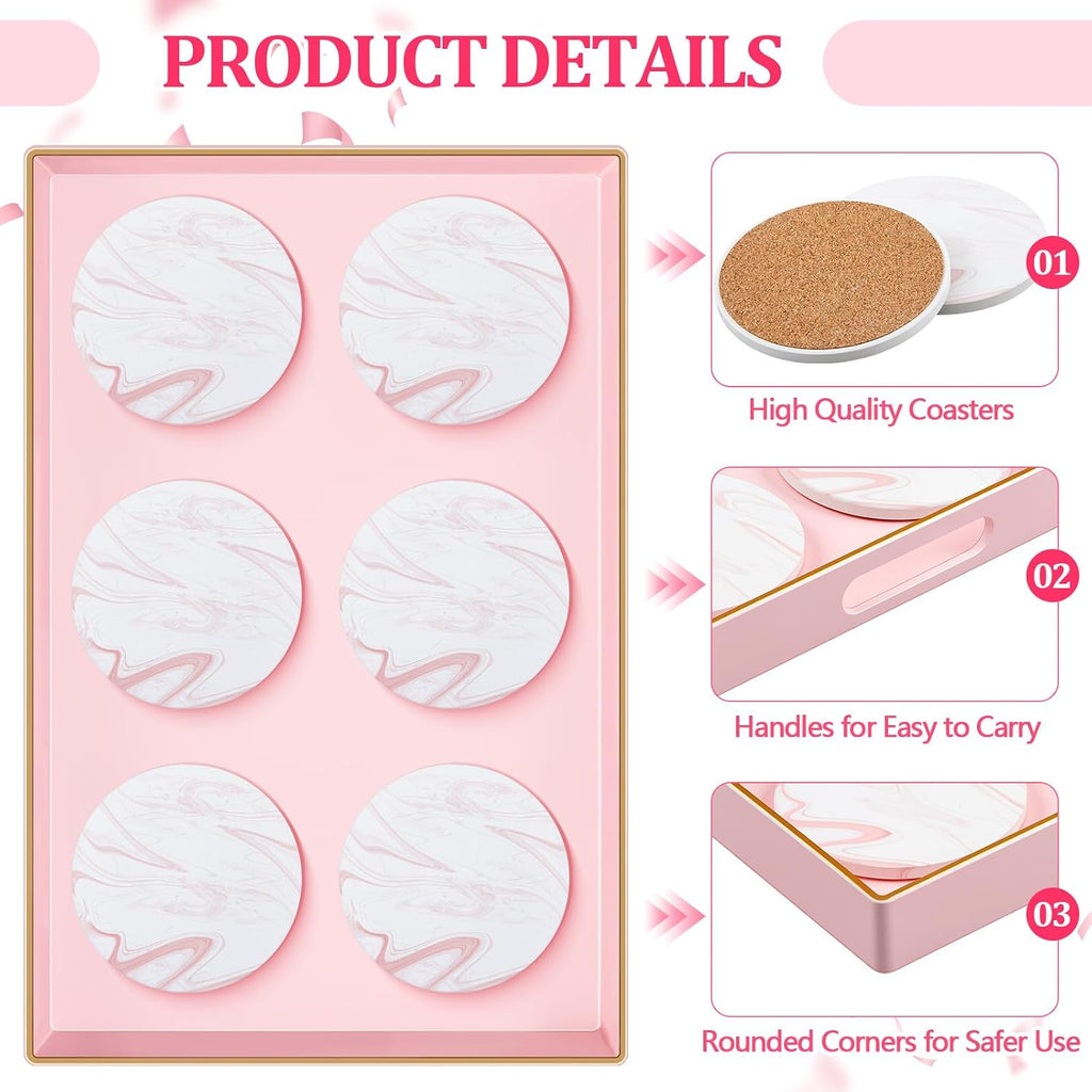 Pink Serving Tray and Coaster Set Contains 1 Pink Rectangular Tray with Handles-15.7 x 10.2 Inch, and 6 Marble Style - Set of 7
