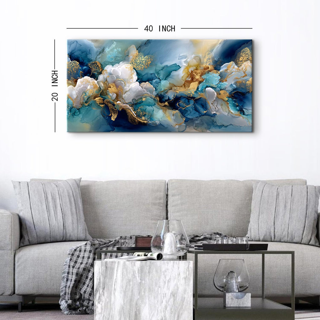 Teal Wall Art Turquoise Abstract Wall Decor Blue and Gold Canvas Pictures Modern Marble Ink Textured Painting Poster