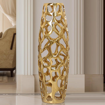 Large Modern Ceramic Floor Vase 24'' H Gold | Handmade Flower Holder Hand Carved Sophisticated Vessel for Decorative