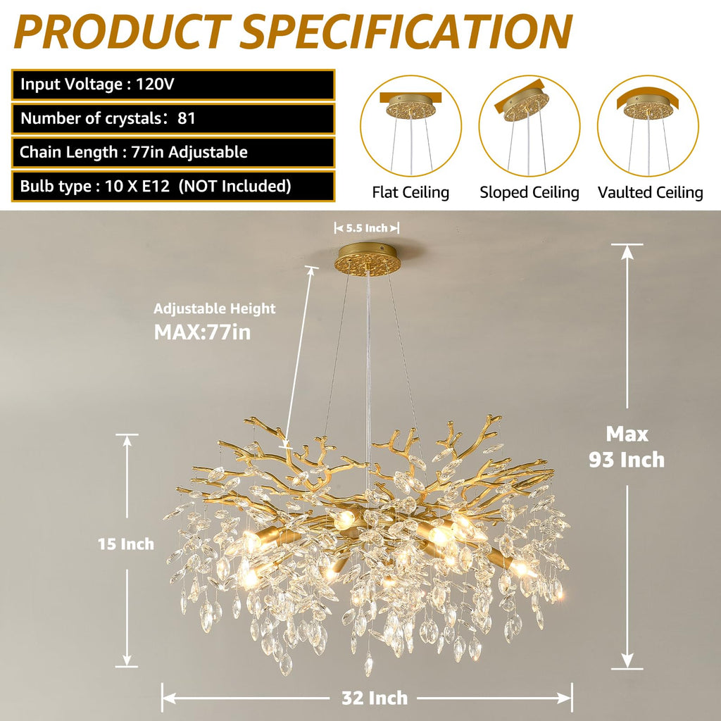 Gold Tree Branch Chandelier 32" 10-Light Modern Crystal Light Fixture
