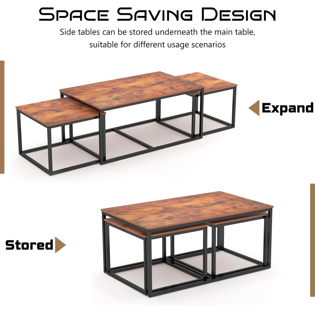 Nesting Coffee Tables, 3 Piece Living Room Coffee, Industrial Rectangular Coffee Set, End Side Tables Bedroom