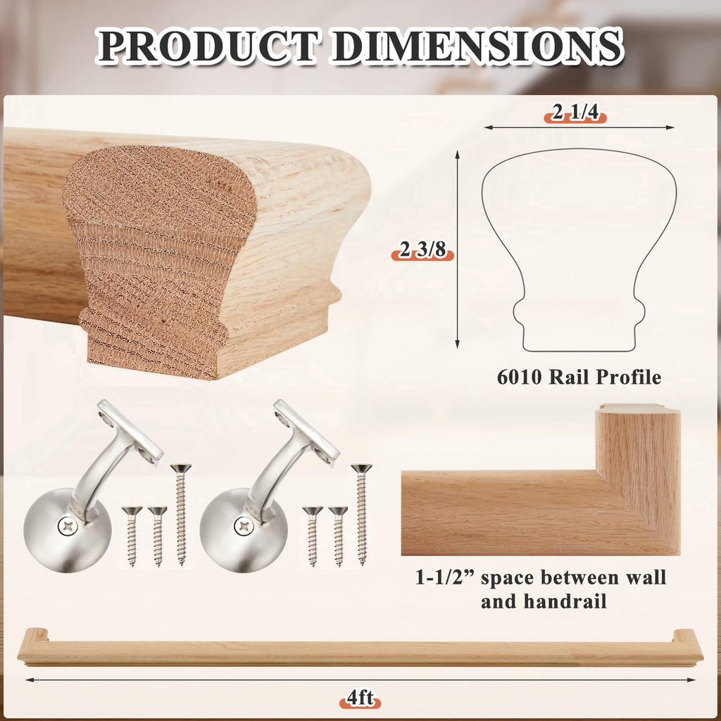 6010 Red Oak Handrail Kit 4 ft with Wall Returns and Wall Mount Brackets Indoor Wood Stairs Handrails Included Screws