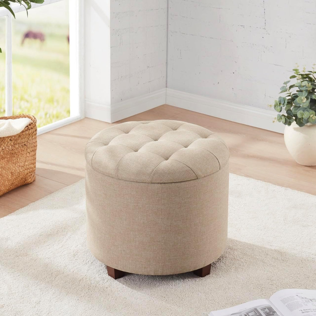 18" Round Storage Ottoman with Lid, Holds 300 lbs, Beige | Linen Tufted Fabric; Foot Rest Stool & Vanity Chair