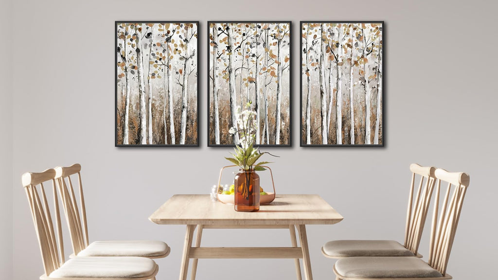 Large Framed Tree Wall Art, Abstract Birch Forest Decor, 20"x28" Set of 3