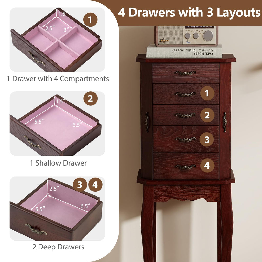 Standing Jewelry Cabinet with 4 Drawers, Flip Top Mirror, Walnut