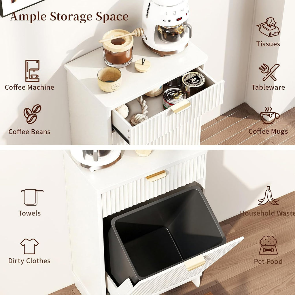 Tilt-Out Trash Cabinet with Dog Feeding Station, Pet Food Storage, White