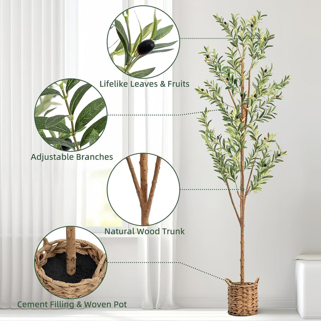 6ft Artificial Olive Tree with LED Fairy Lights, Tall Faux Potted Plant with Woven Basket - Natural Wooden Trunk &