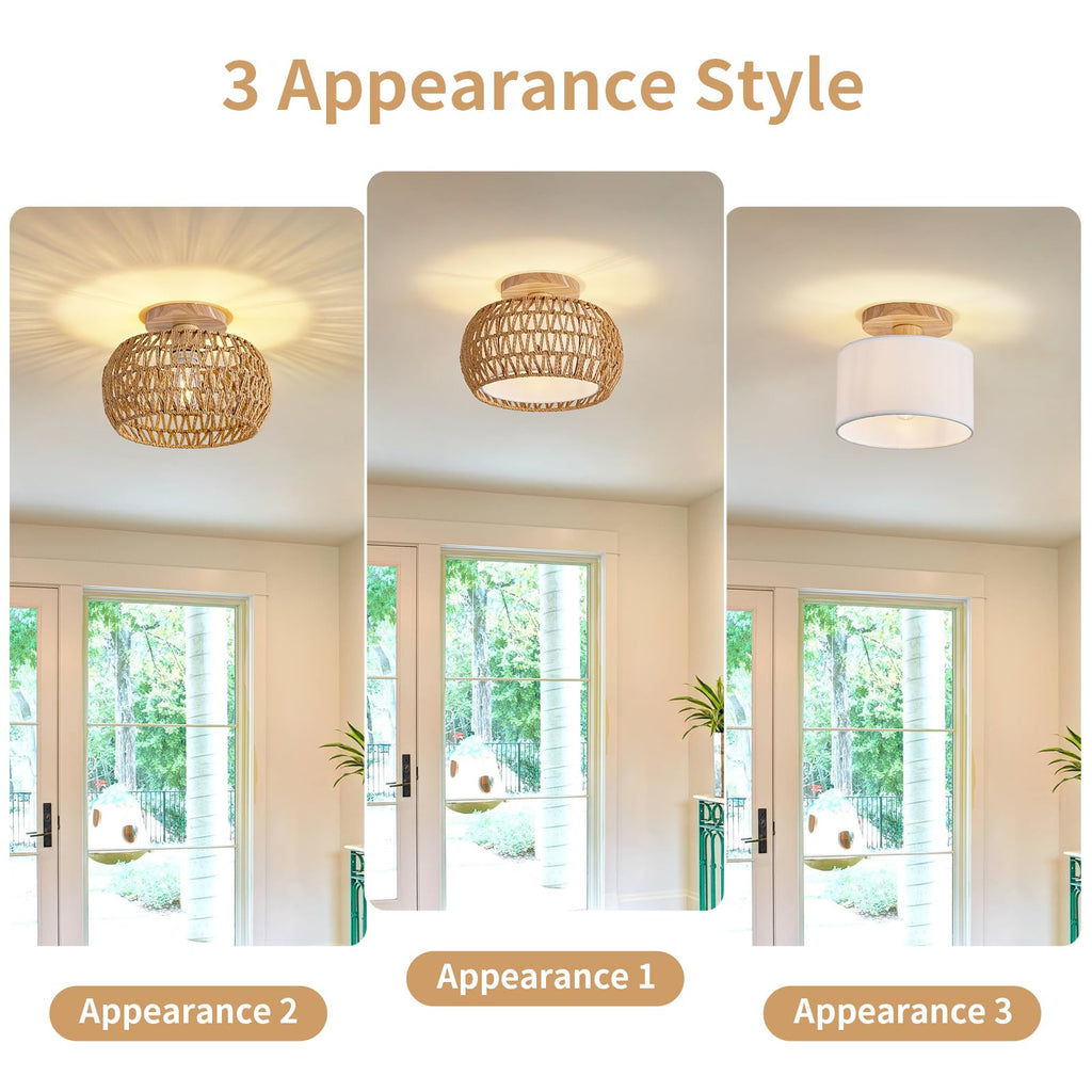 Rattan Boho Flush Mount Ceiling Light - 12′′ Bohemian Wicker Light Fixtures