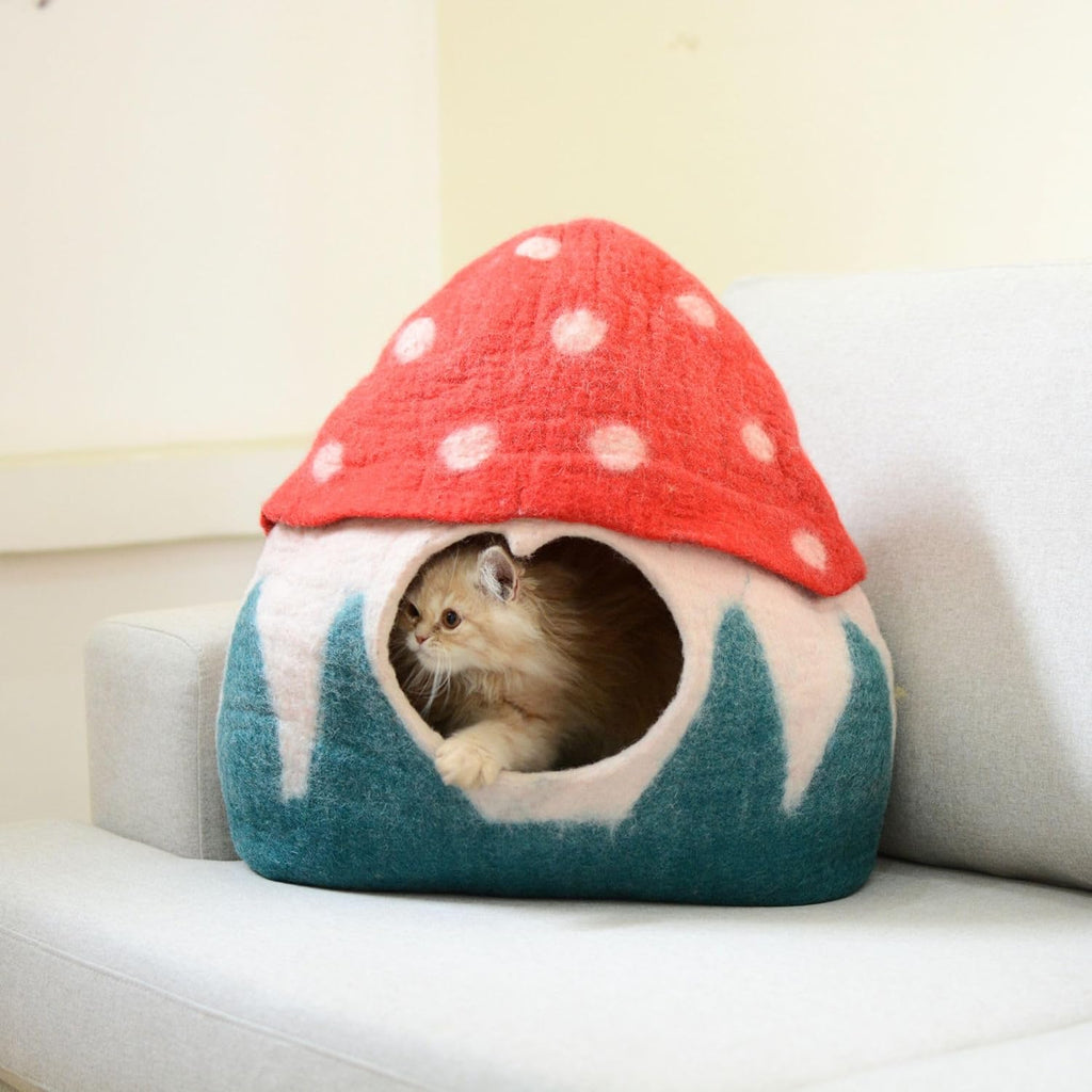 Mushroom Shaped Felt Cat Cave- Wool Cat House Using Pure Natural Wool