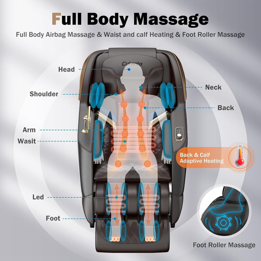 Massage Chair Full Body 53" SL-Track Zero Gravity Shiatsu, Brown | Full-Body Airbags, 5 Modes, 6 Techniques, Body