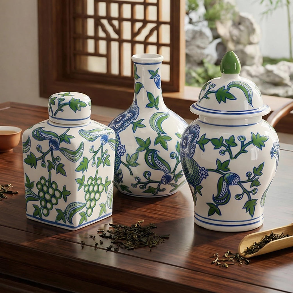 Porcelain Ginger Jar, Chinoiserie Vase Living Room Console Table Accent, Shelf and Tabletop Decor, Green - Set of 3