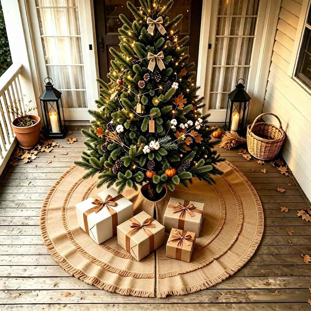 48" Burlap Christmas Tree Skirt with 3-Layer Tassel Design, Brown Rustic Farmhouse Jute Linen Large Fall Tree Skirt