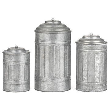 Decorative Metal Storage Jars, Set of 3 Galvanized Farmhouse Canisters with Lid, Vintage Tin Canister for the Kitchen