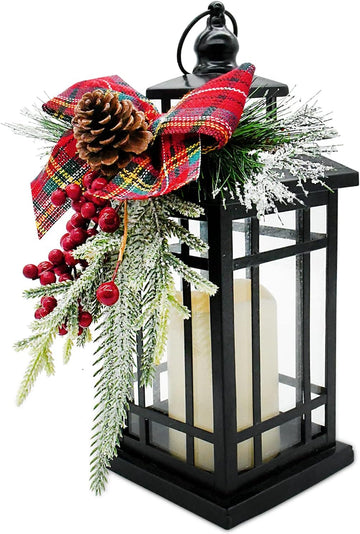 14 Inch Black Christmas Lantern with LED Flickering Flameless Candle
