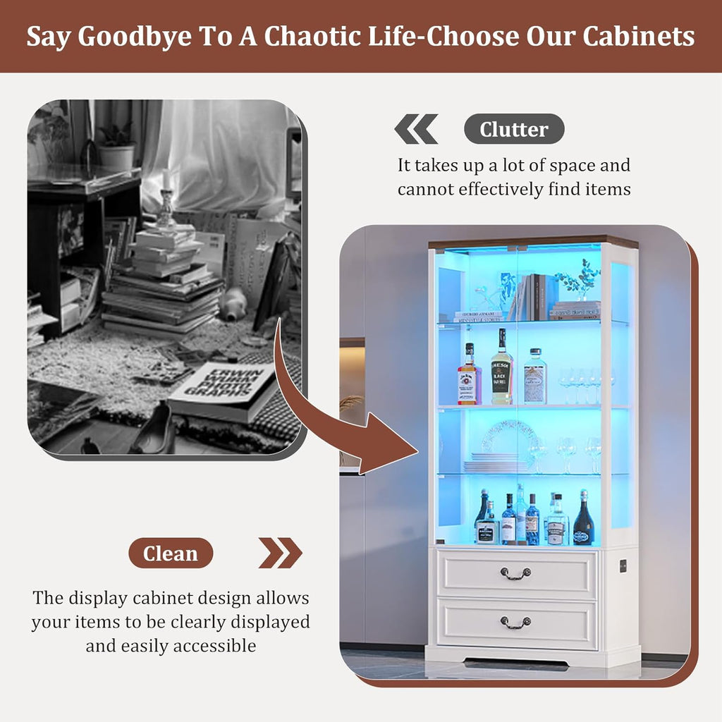 67" Tall Display Cabinet with Glass Doors and 2 Drawers, White | Curio Cabinet with LED Lights, Human Sensor, Display