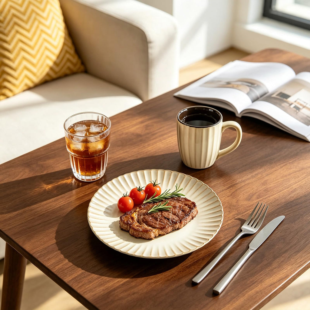 Ribbed Stoneware Dinnerware Set, Reactive Glaze Golden Cream, Service for 4