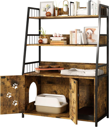 Large Cat Litter Box Enclosure with Shelf Storage, Hidden Cat Washroom Furniture, Wooden Cat House with Scratch Pad