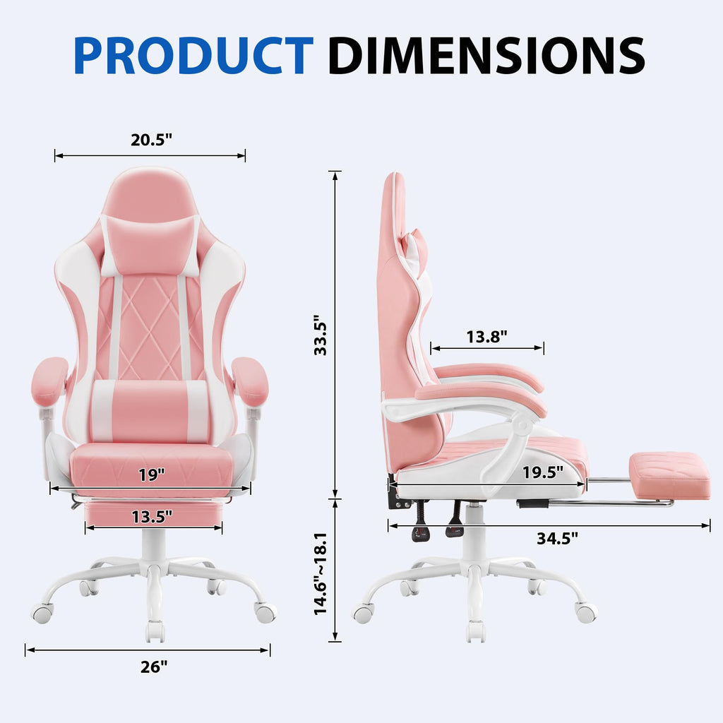 Ergonomic Gaming Chair Footrest & Massage Lumbar Support, Pink