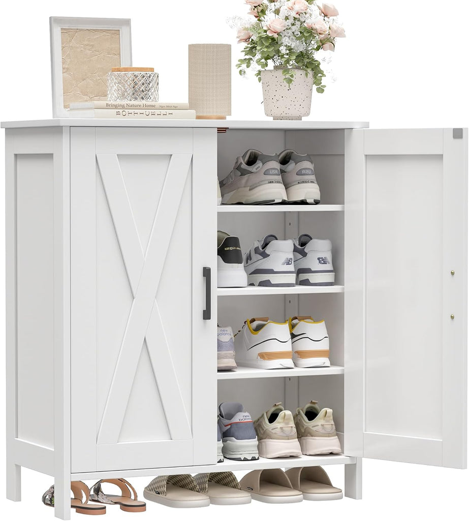 Farmhouse Shoe Cabinet with 2 Barn Doors & Wood Legs, 5-Tier Shoe Storage Cabinet with 3 Adjustable Shelves, Tall