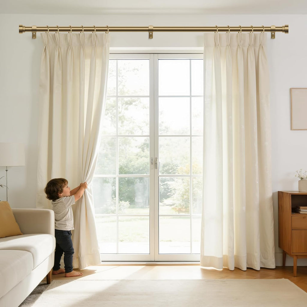 Brass Gold Curtain Rod 36 to 144 Inch, Brushed Warm Gold 1" Adjustable Long Heavy Duty Curtain Rods for Windows