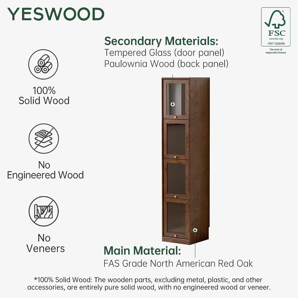 Solid Oak Narrow Wood Bookcase, 4 Tier Skinny Storage Cabinet with Tempered Glass Flip-Up Doors, Slim 4 Cubes Display