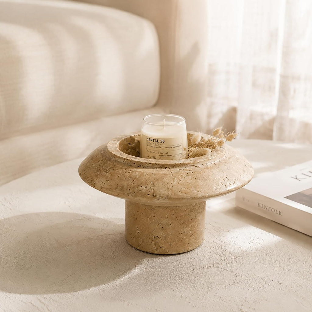 Yellow Travertine Natural Marble Mushroom Pedestal Tray 6.69" x 6.69" x 3.94", Footed Decorative Catchall Bowl