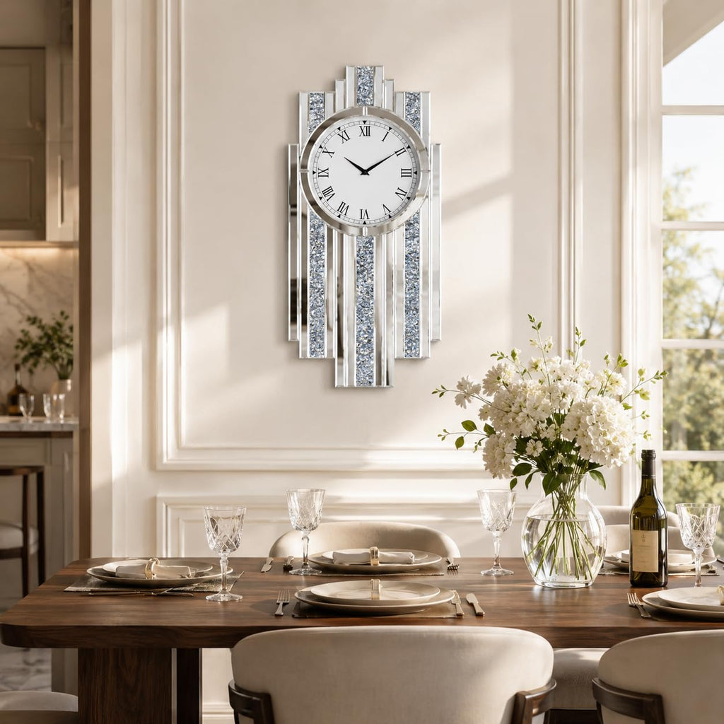 Silver Mirror Clock, 26"x14" Crystal Sparkle Wall Clock