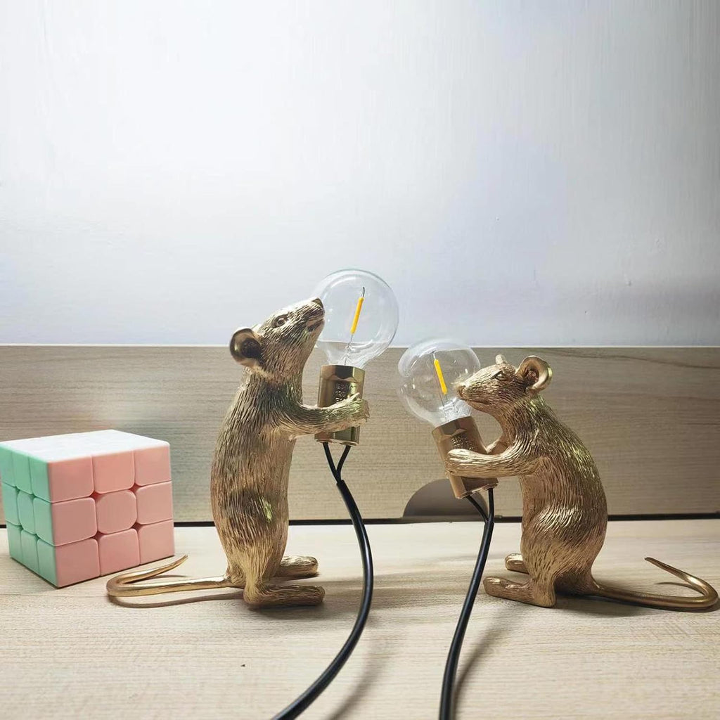Cute Mouse Table Lamp, Gold Standing Resin Animal Desk Light with E12 LED Bulb Included, Warm Glow Mini Bedside Lamp