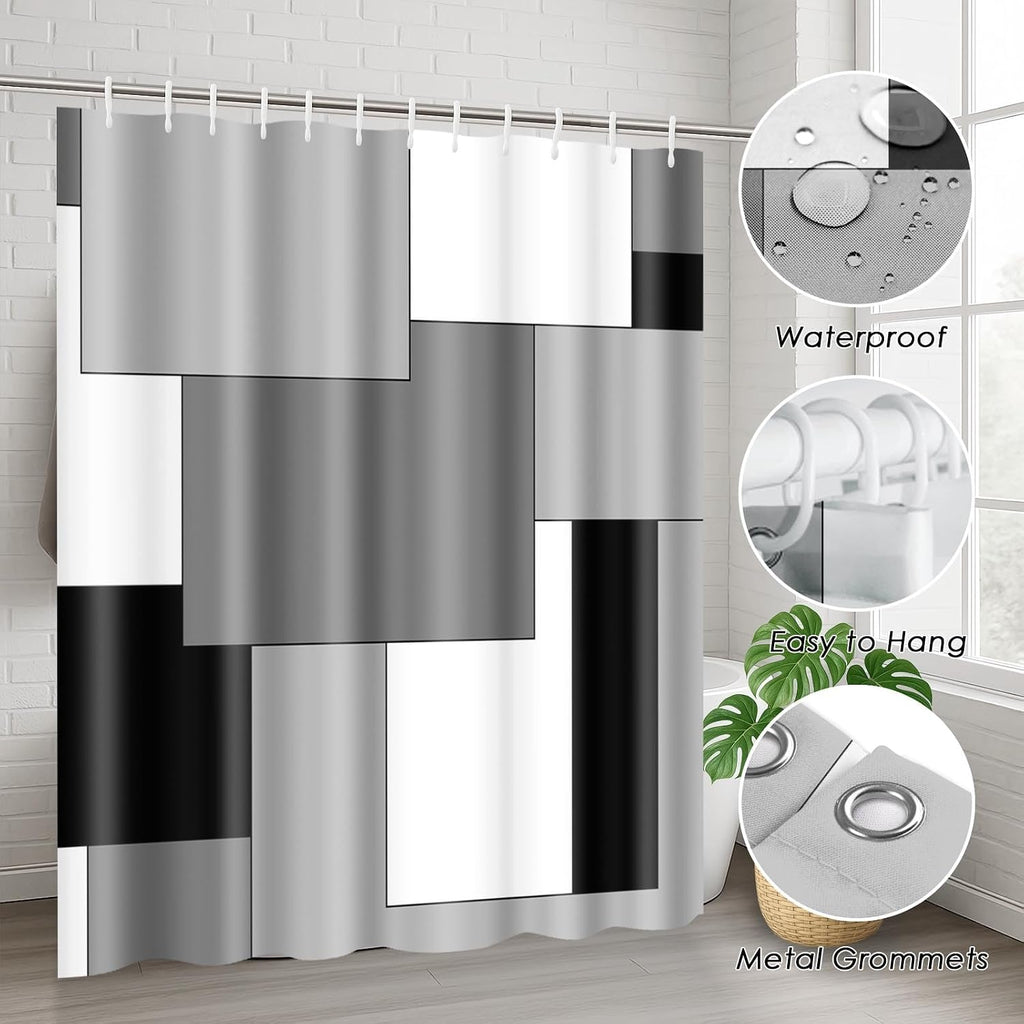 Grey Geometric Shower Curtain Set with Toilet Lid Cover and Non-Slip Rugs , Black White Checkered 4 Pcs Shower
