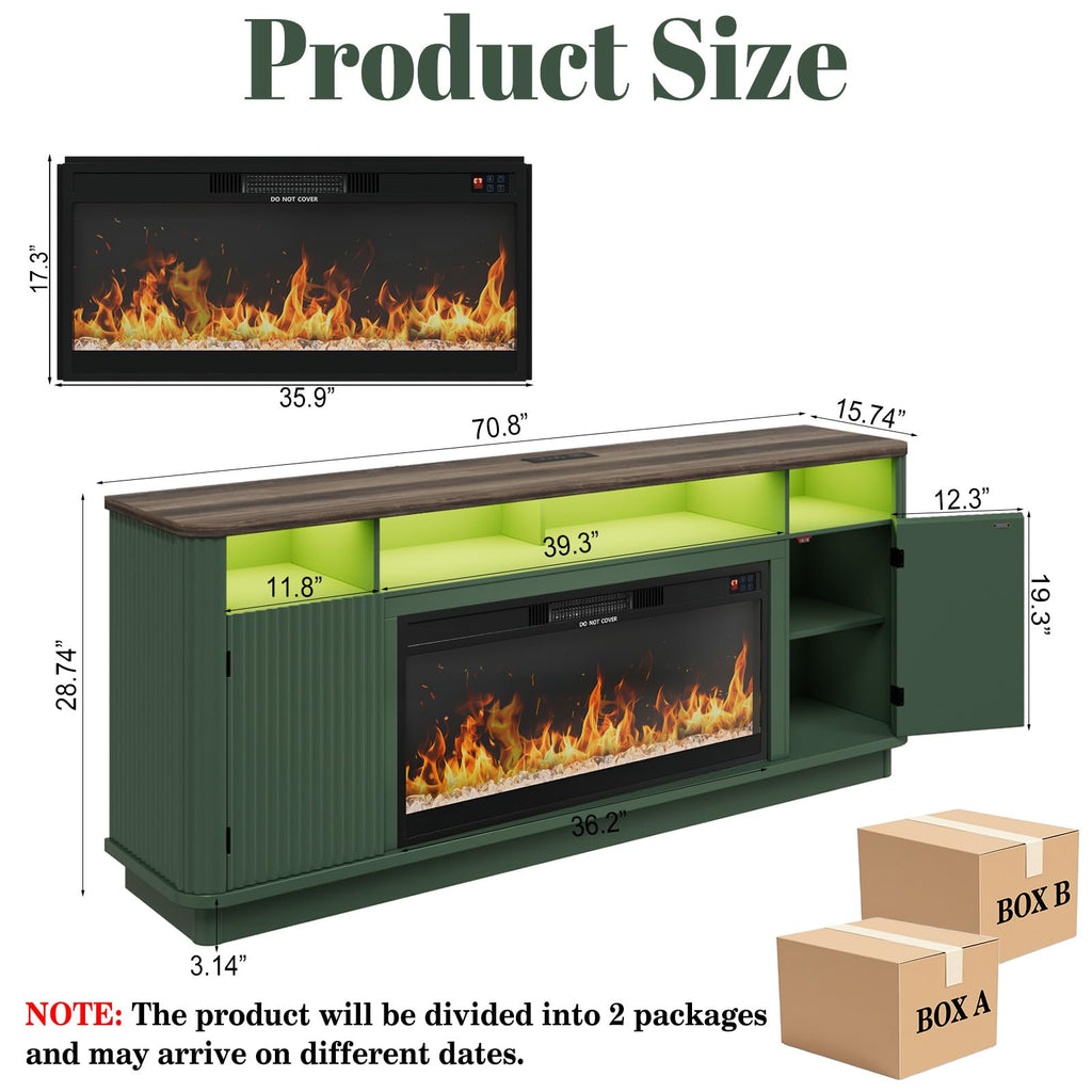 70" Fluted Fireplace TV Stand Modern Entertainment Center with 36" Electric Fireplace, Wood Media Console w/Power