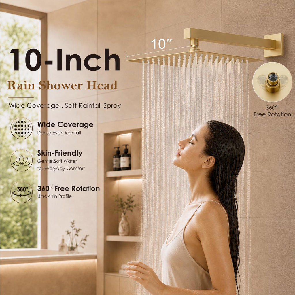 Shower System with Tub Spout, 10 Inch Shower Head, Brushed Gold