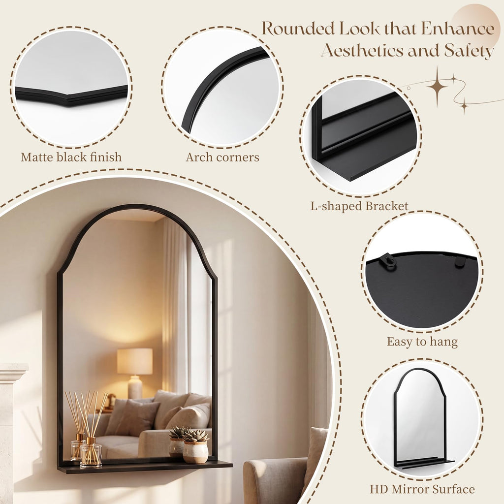 30x20 Inch Arched Bathroom Mirror with Shelf, Black, Metal Frame