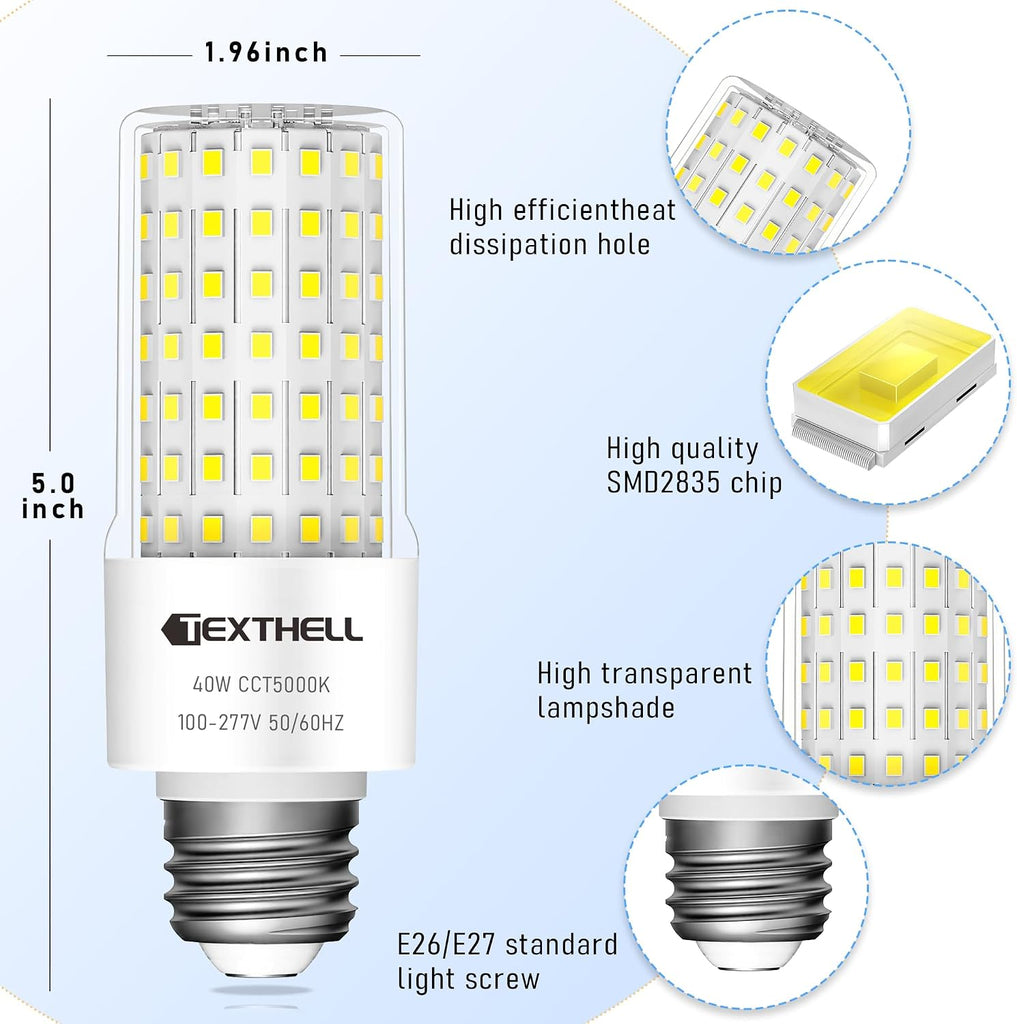 LED Corn Light Bulb 40W, 5000LM 5000K Daylight White, 300W Equivalent E26/E27 Base, 2-Pack High Bay Corn Bulbs