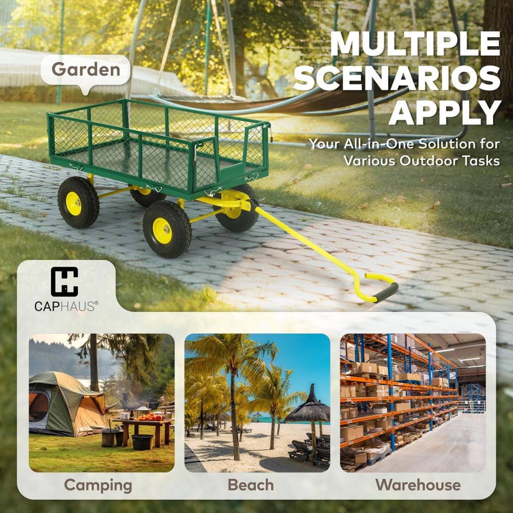 Metal Green Garden Cart, w/ 180° Adjustable Yellow Handle, w/Mat and Strap, Heavy Duty 880 lbs Capacity, w/ 10"