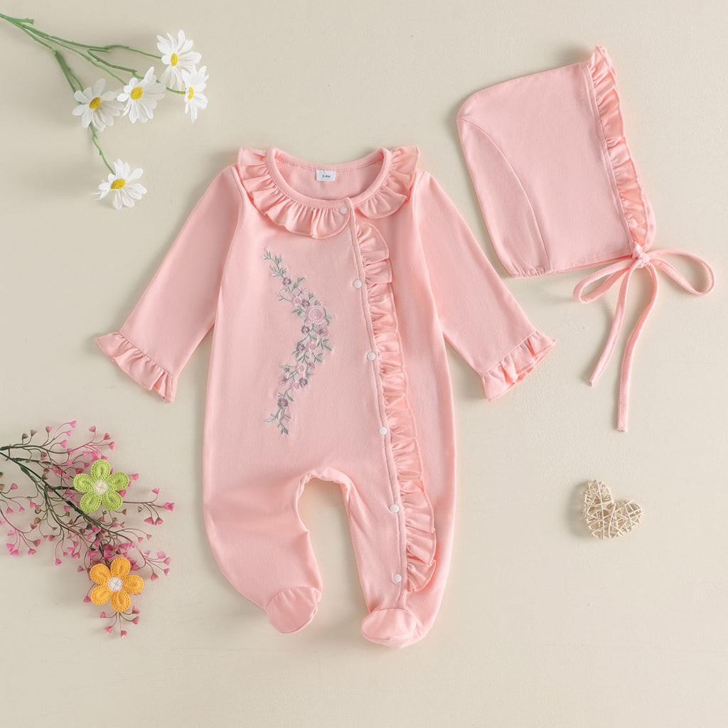 Newborn Girl Clothes Coming Home Outfit Jumpsuit (ruffle romper Hat Pink, Newborn)